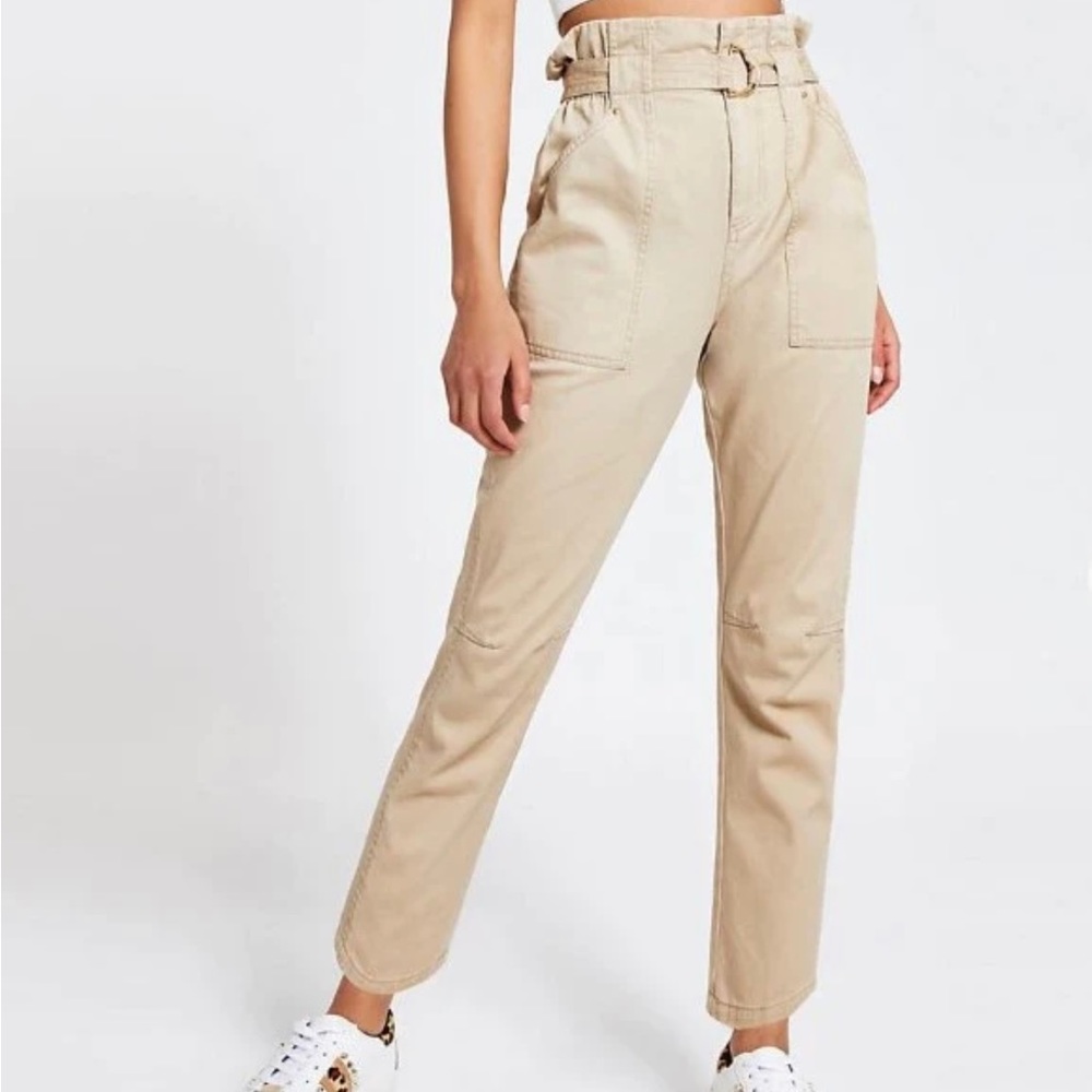 River Island Paper bag pants belted khaki